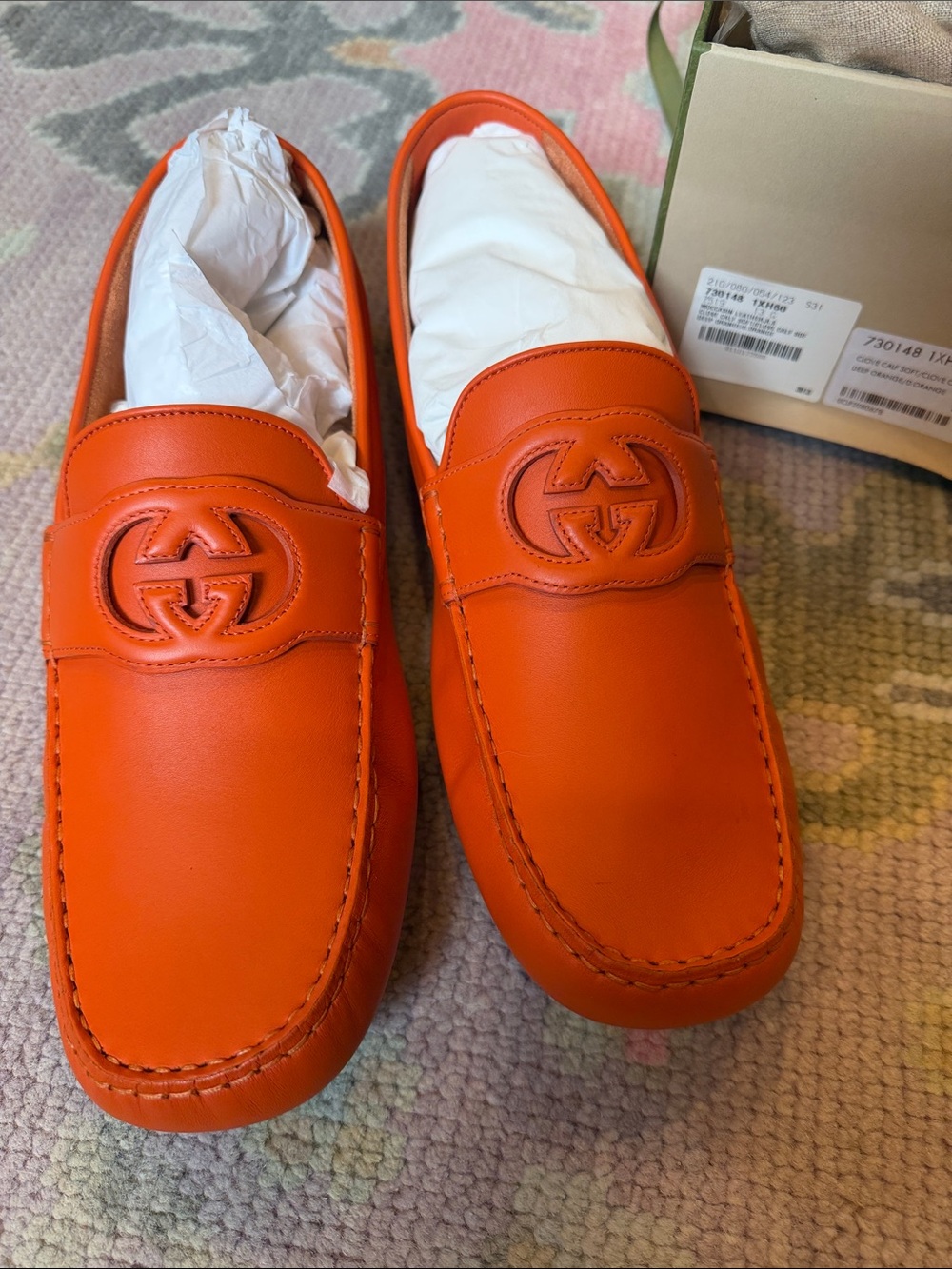 Gucci Orange Leather Men's Penny Driving Loafers